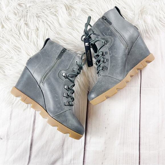 Sorel Joan Uptown Lace‎ Up Leather Wedge Bootie Round Toe Quarry Gum Size 10 - Picture 5 of 9